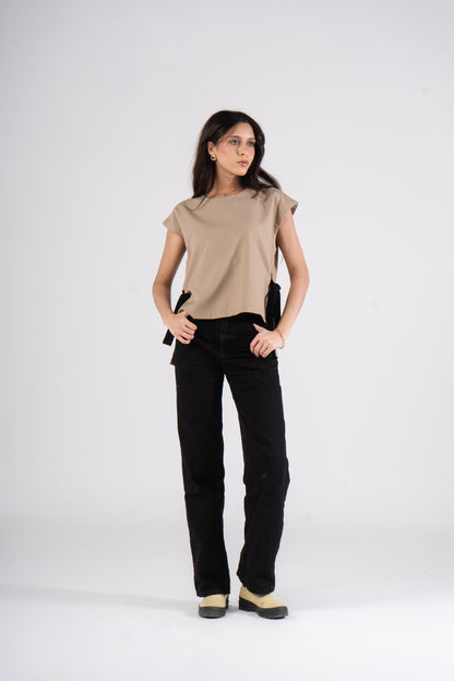 Beige Short Sleeves Linen Blouse With Ribbons