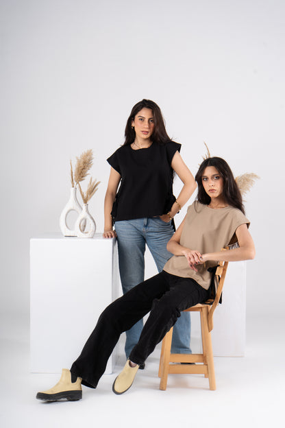 Beige Short Sleeves Linen Blouse With Ribbons
