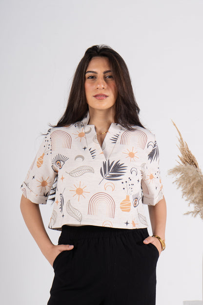 Half Sleeves Cropped Printed Linen Blouse