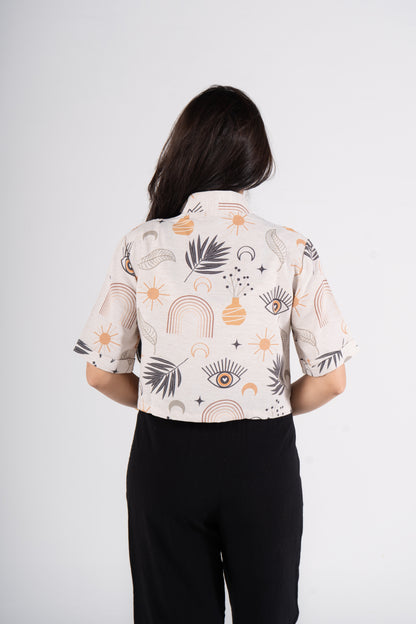 Half Sleeves Cropped Printed Linen Blouse