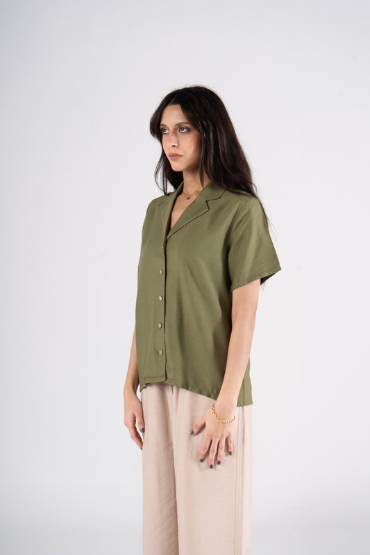 Olive Short Sleeves Linen Shirt