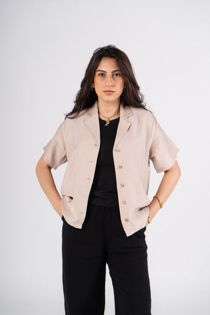Beige Short Sleeves Linen Shirt