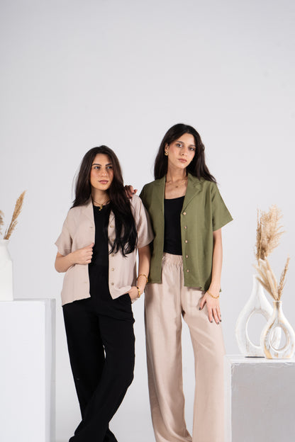 Beige Short Sleeves Linen Shirt