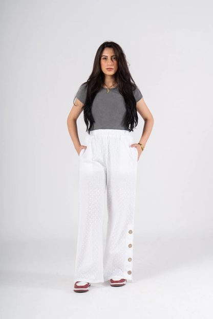 Wide Leg Eyelet Pants with Side Buttons