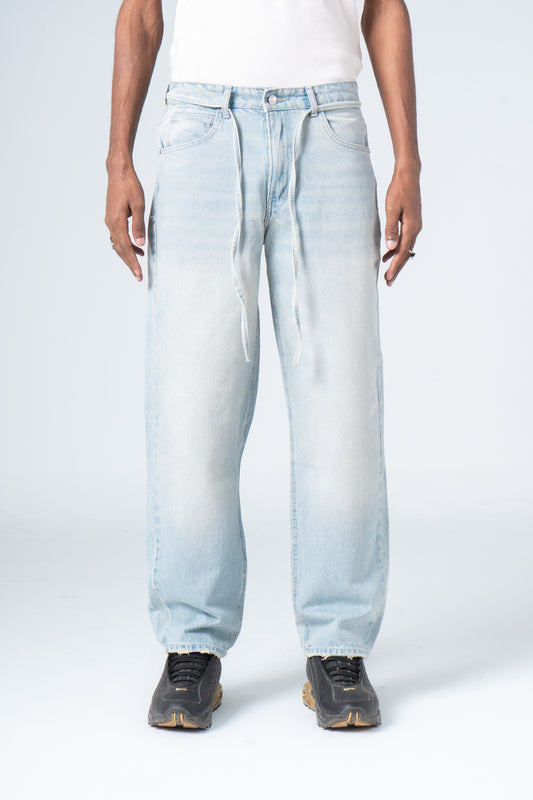 Light Blue Ribbed Hem Jeans with Denim Drawstring