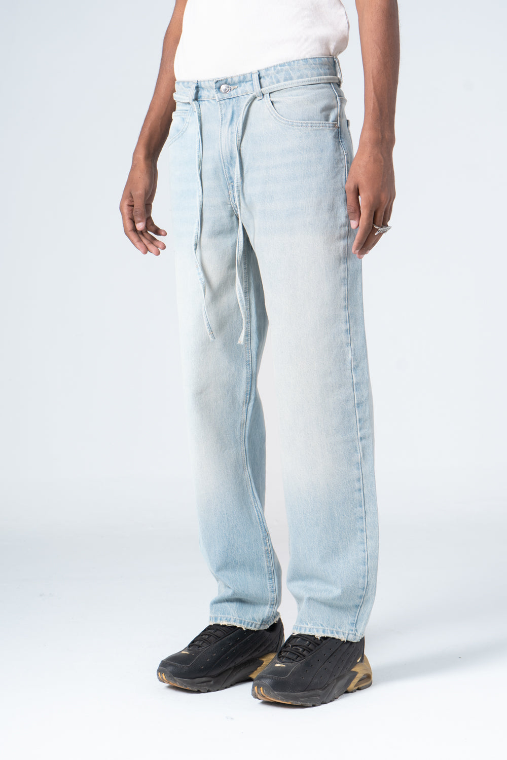 Light Blue Ribbed Hem Jeans with Denim Drawstring