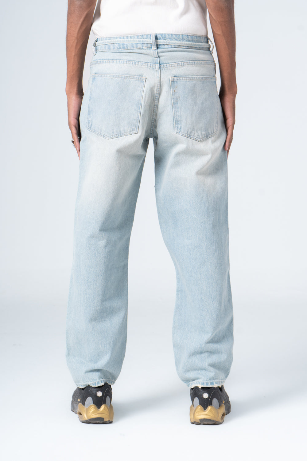 Light Blue Ribbed Hem Jeans with Denim Drawstring