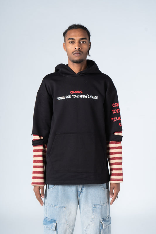 Black Striped Half Sleeve Printed Hoodie