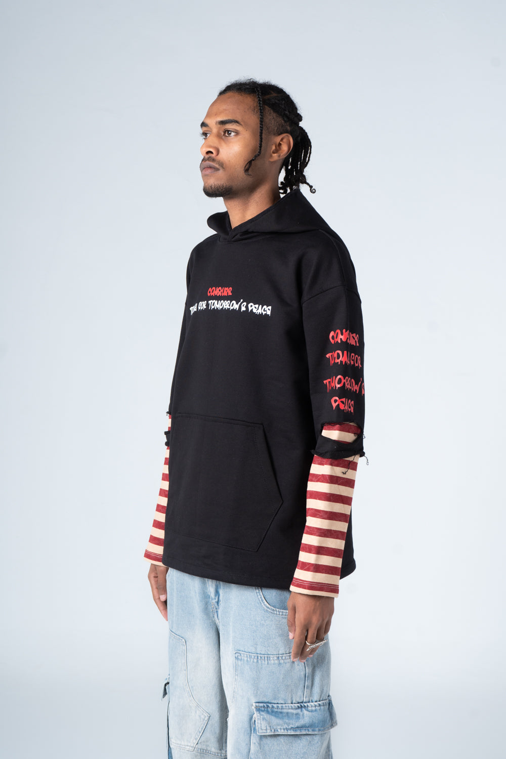 Black Striped Half Sleeve Printed Hoodie