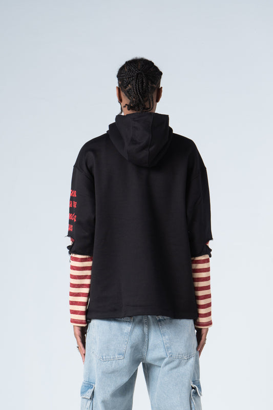 Black Striped Half Sleeve Printed Hoodie