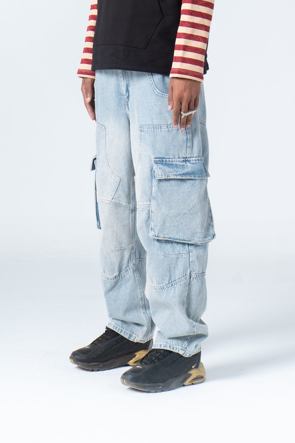 Denim Blue Side Flap Pockets Straight Jeans