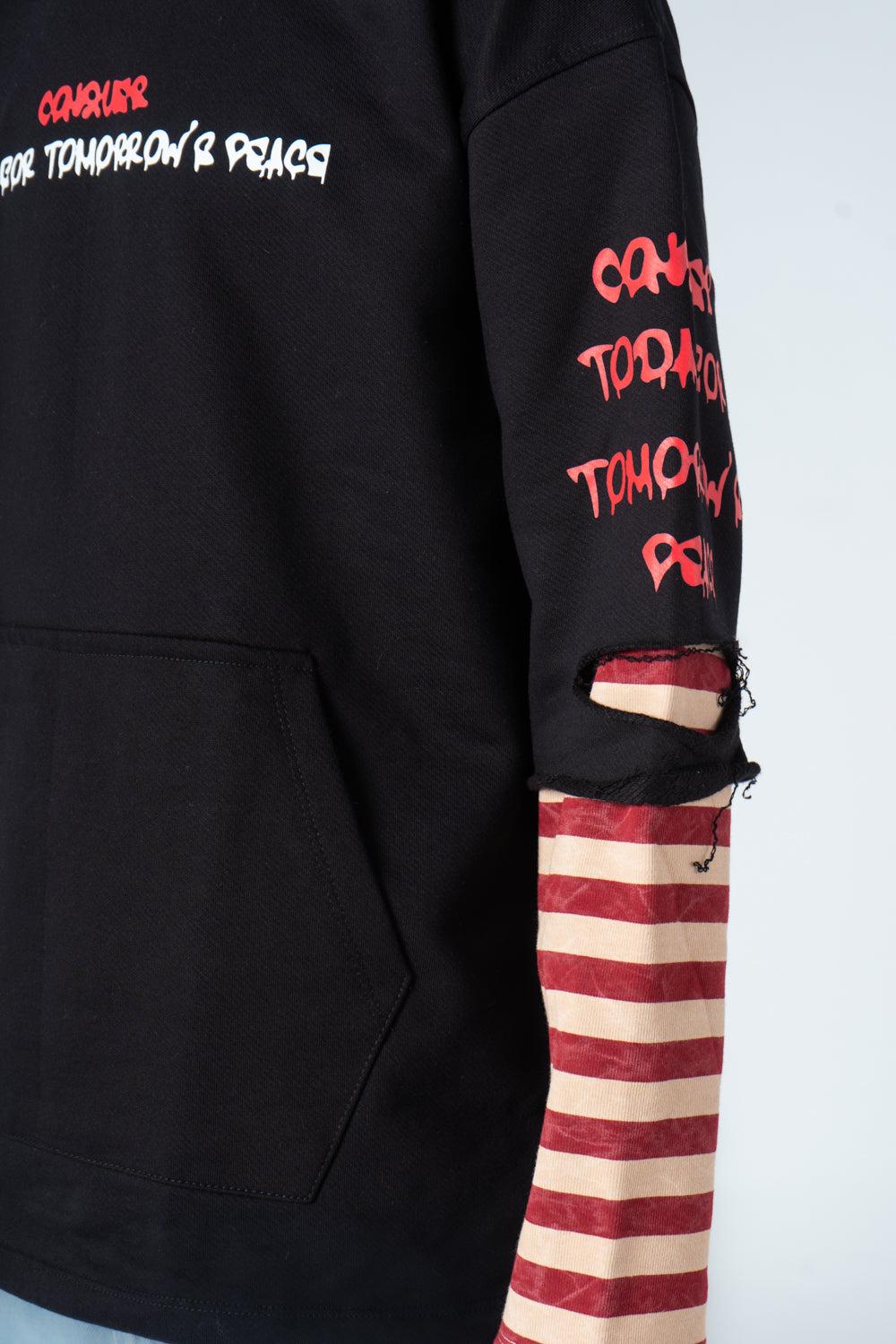 Black Striped Half Sleeve Printed Hoodie