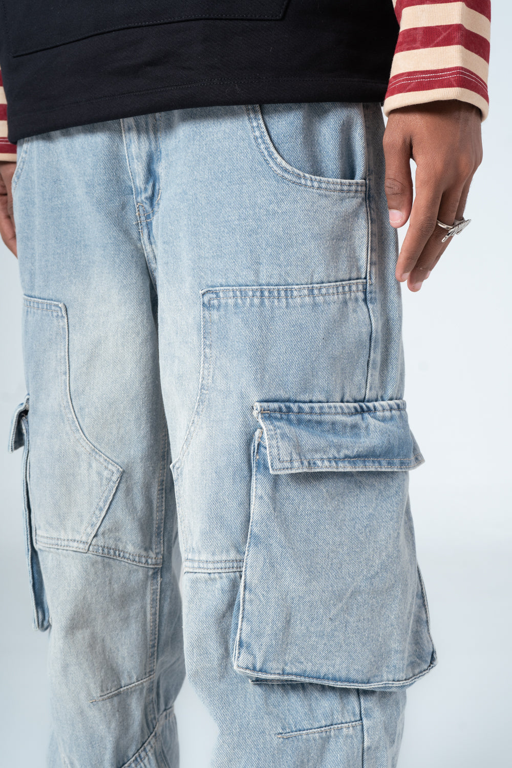 Denim Blue Side Flap Pockets Straight Jeans