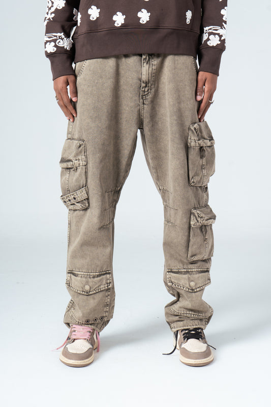 Beige Straight Leg Cargo Jeans