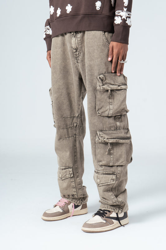 Beige Straight Leg Cargo Jeans