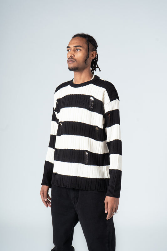 Ripped Wide Striped Pullover