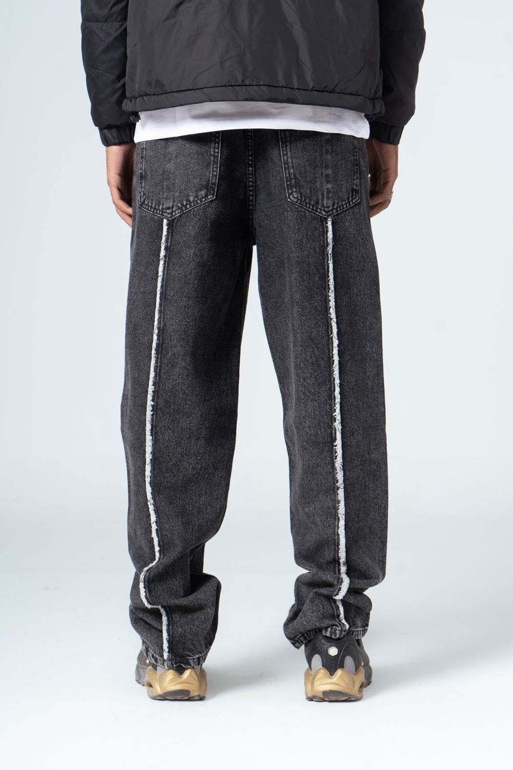 Dark Gray Embroidered Jeans with Fringe