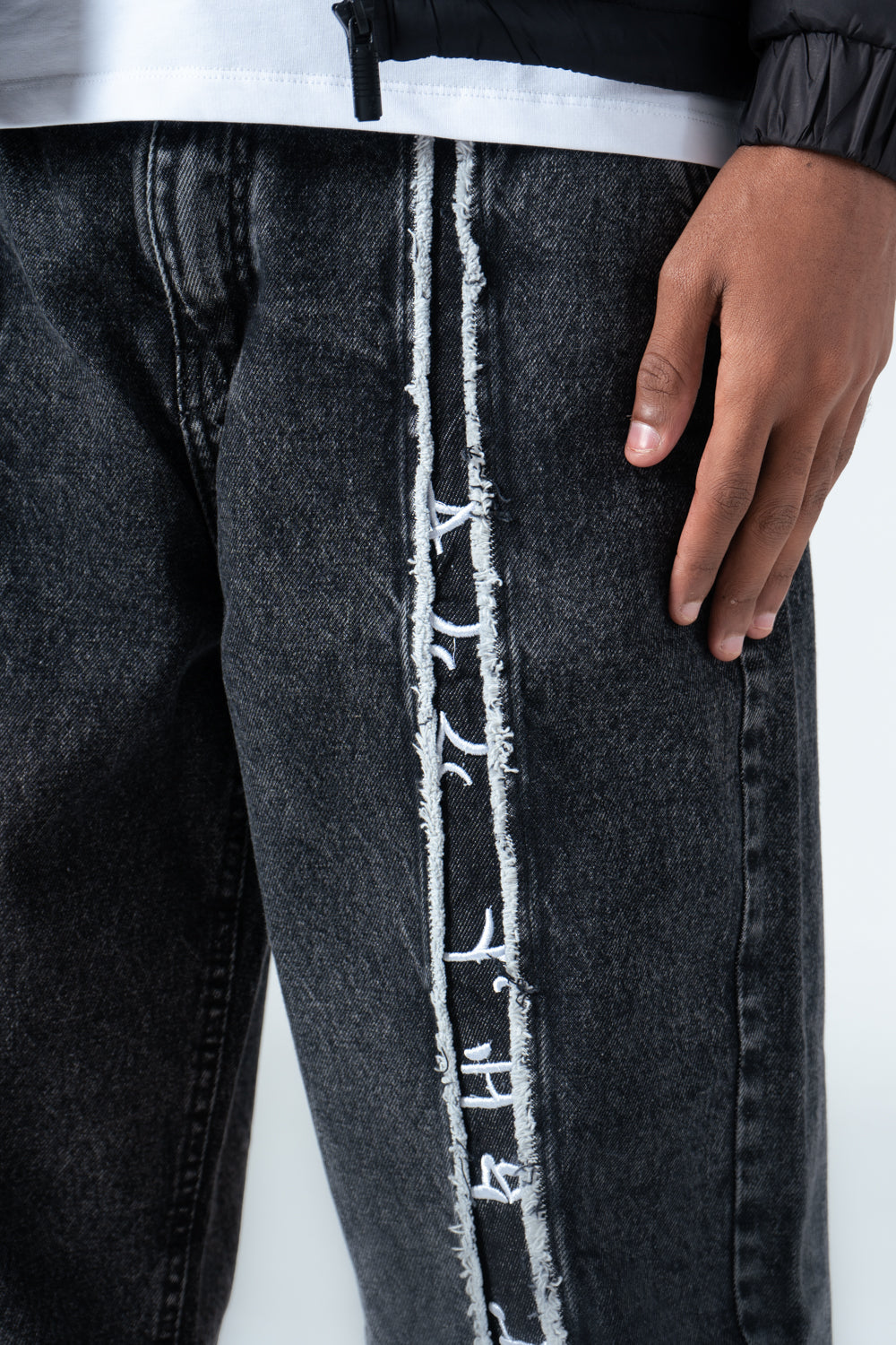 Dark Gray Embroidered Jeans with Fringe