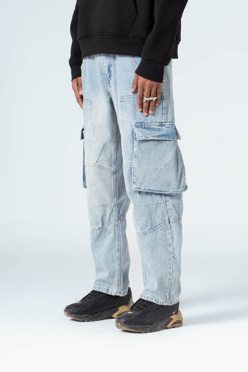 Denim Blue Side Flap Pockets Straight Jeans