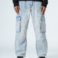 Denim Blue Side Flap Pockets Straight Jeans