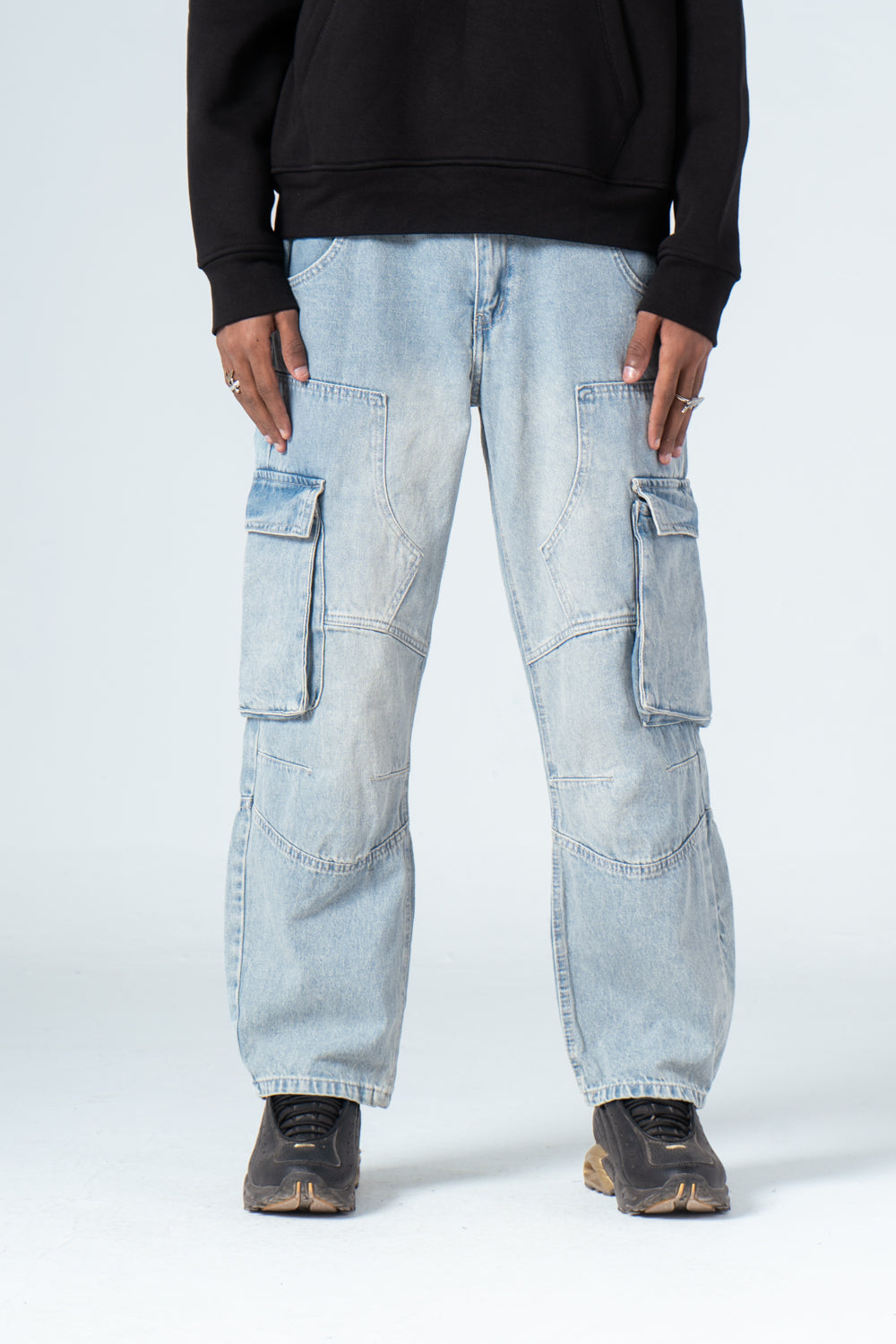 Denim Blue Side Flap Pockets Straight Jeans