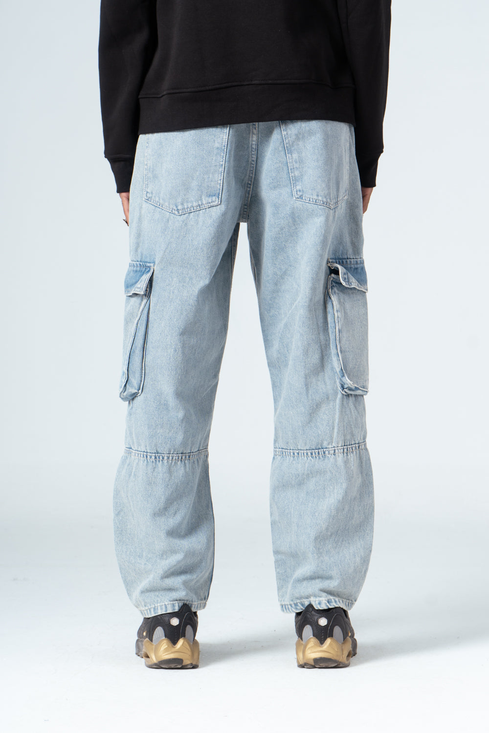 Denim Blue Side Flap Pockets Straight Jeans