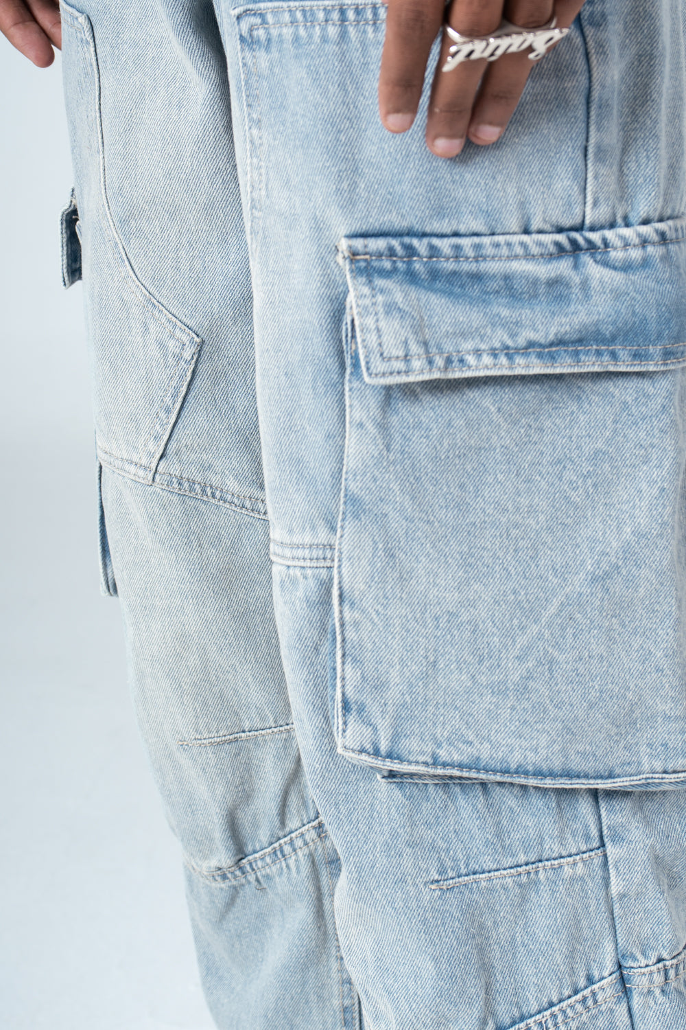 Denim Blue Side Flap Pockets Straight Jeans