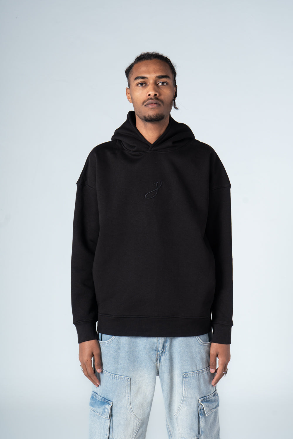 Black Simple Front Embroidery Hoodie