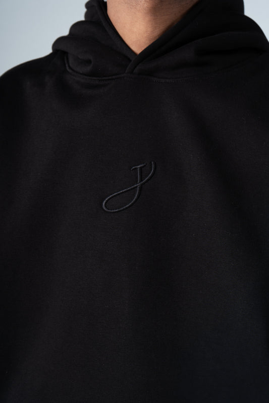 Black Simple Front Embroidery Hoodie