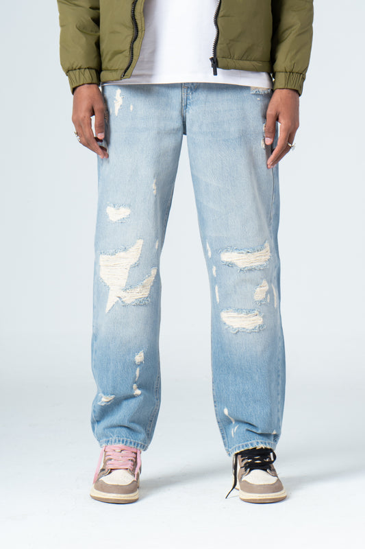 Light Blue Ribbed Straight Leg Jeans