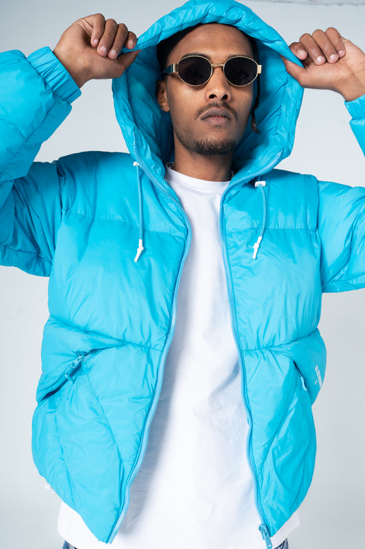 Sky Blue Waterproof Hooded Puffer Jacket