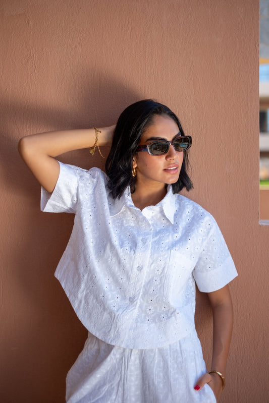 Okoye White Half Sleeves Cropped Rokama Shirt