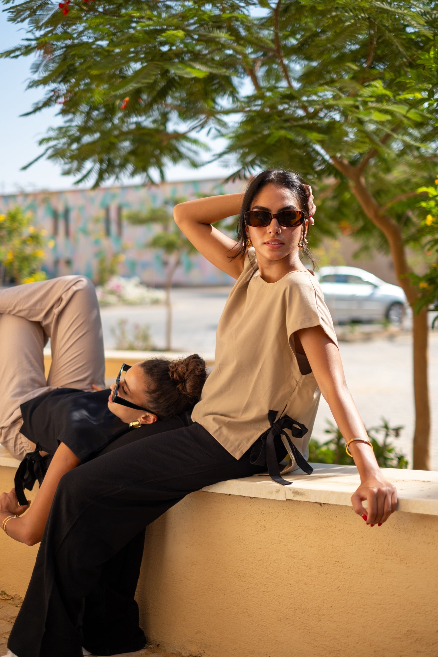 Okoye Black Short Sleeves Linen Blouse With Ribbons