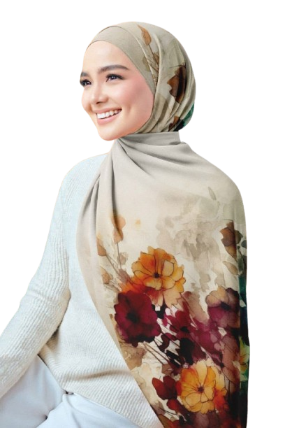 Floral Trim Printed Chiffon Crepe Scarf