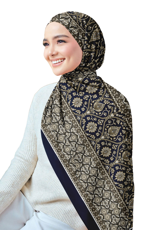 Navy Printed Chiffon Crepe Scarf