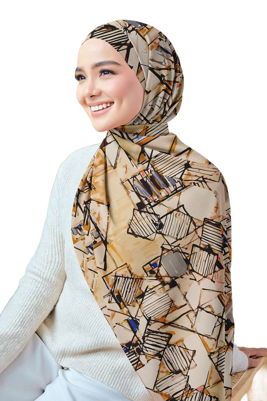 Beige Printed Chiffon Crepe Scarf
