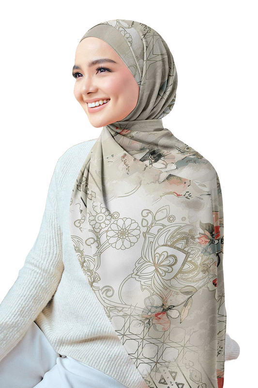 Beige Printed Chiffon Crepe Scarf