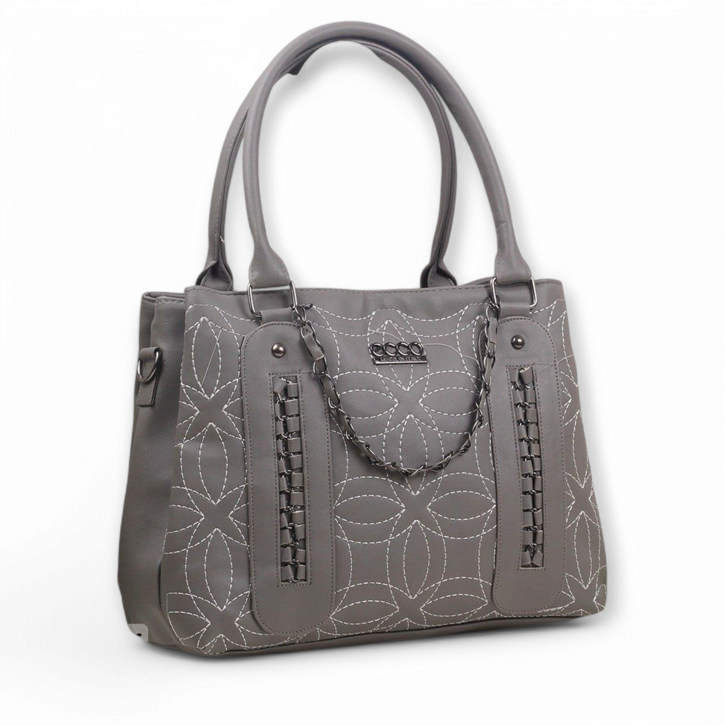 Gray Stitched Leather Handbag