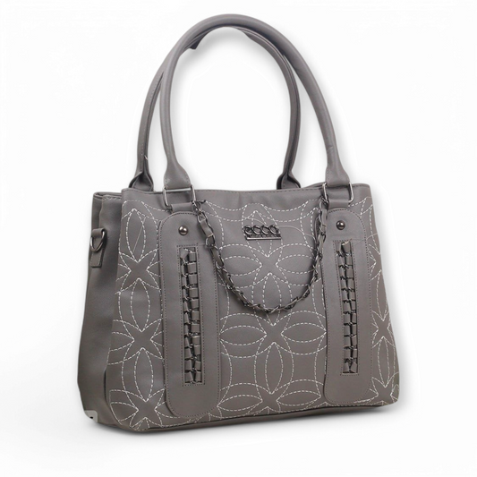 Gray Stitched Leather Handbag