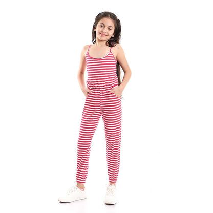 Girls Elastic Waist Straps Jumpsuit - جمبسوت مخططة حمالات بخصر أستيك