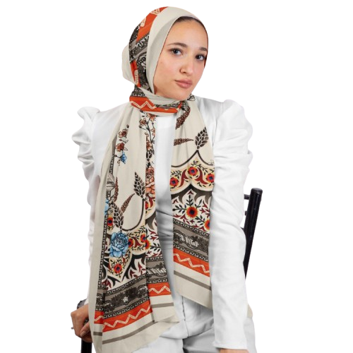 Beige Printed Chiffon Crepe Scarf