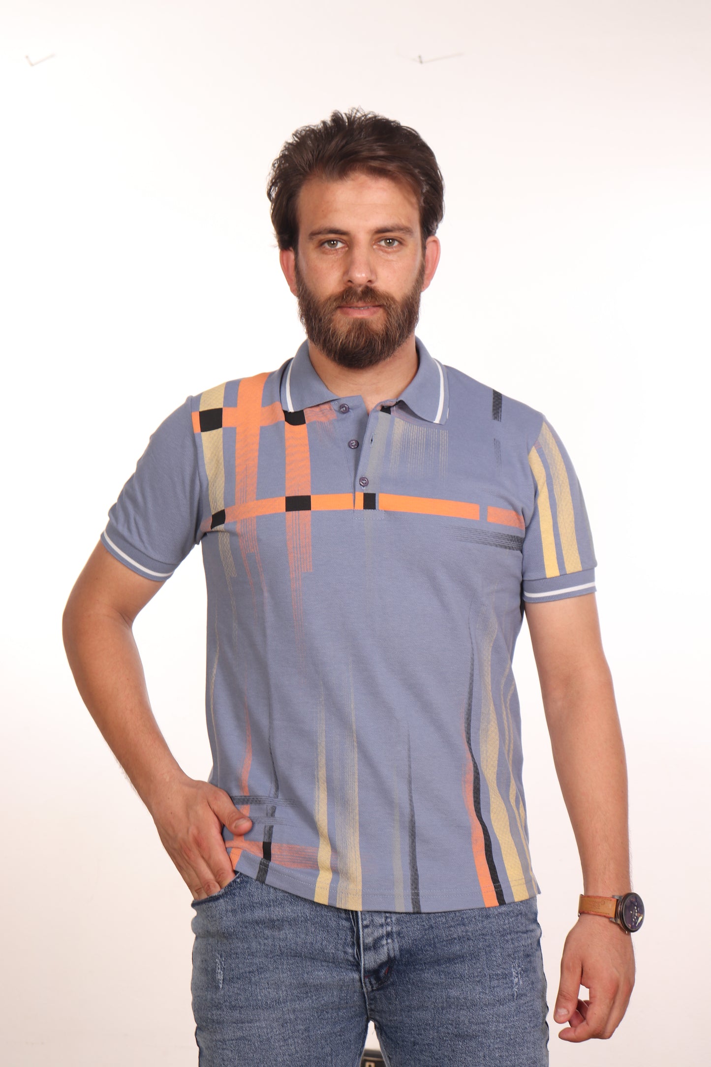 Baby Blue Self-Printed Ronaldo Polo Shirt