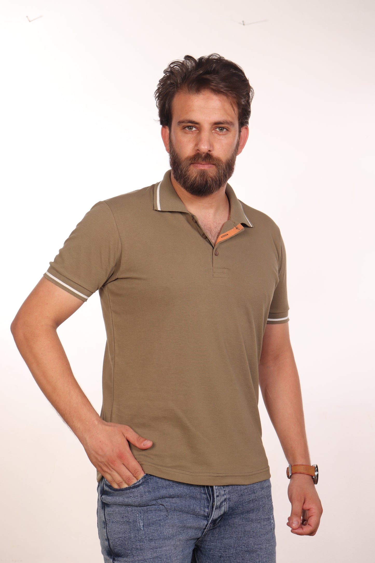 Khaki Striped Cuff Polo Shirt