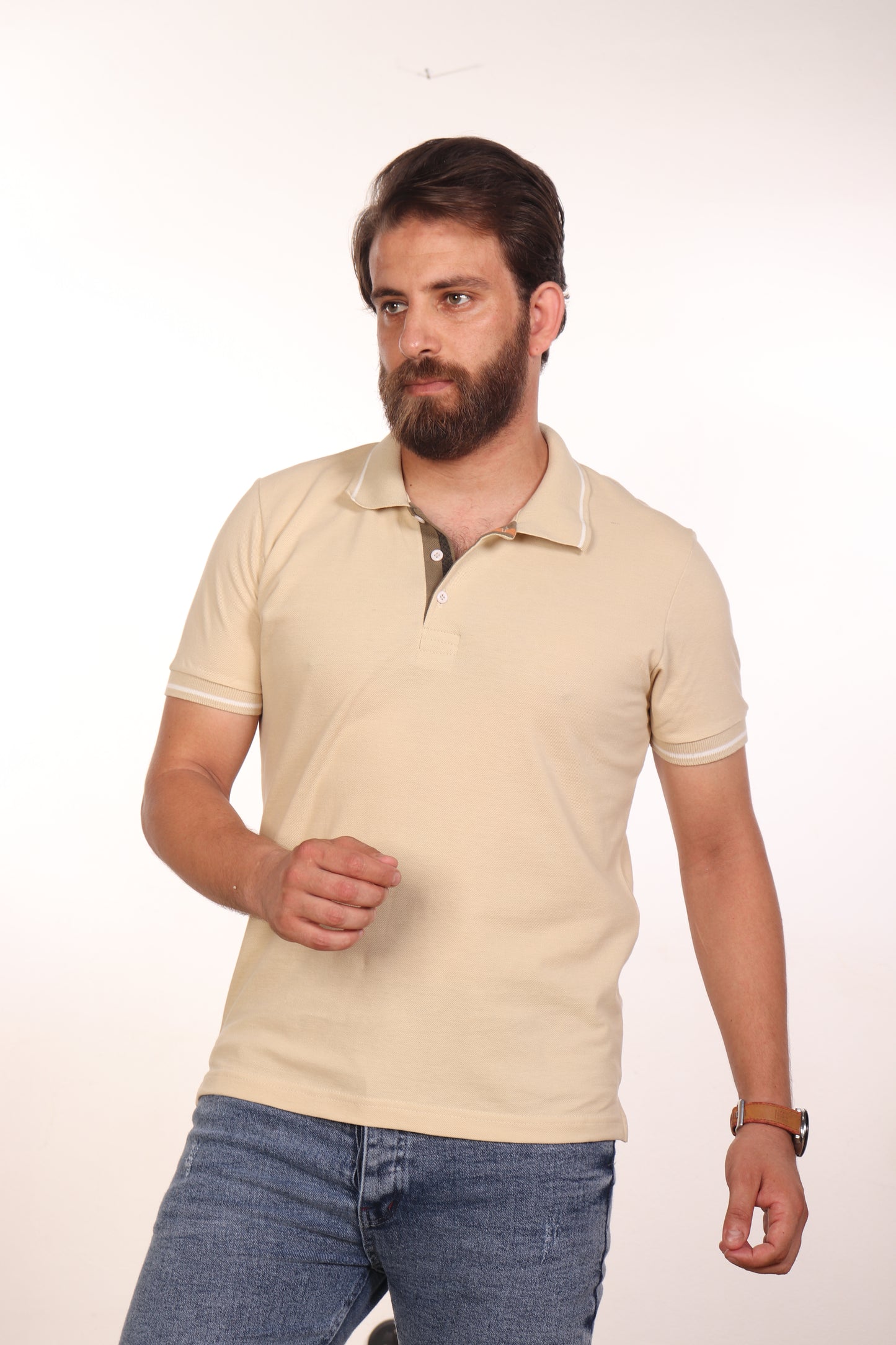 Hero Basic Beige Striped Cuff Polo Shirt