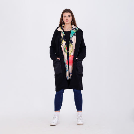 Black Back Printed Hooded Long Jacket