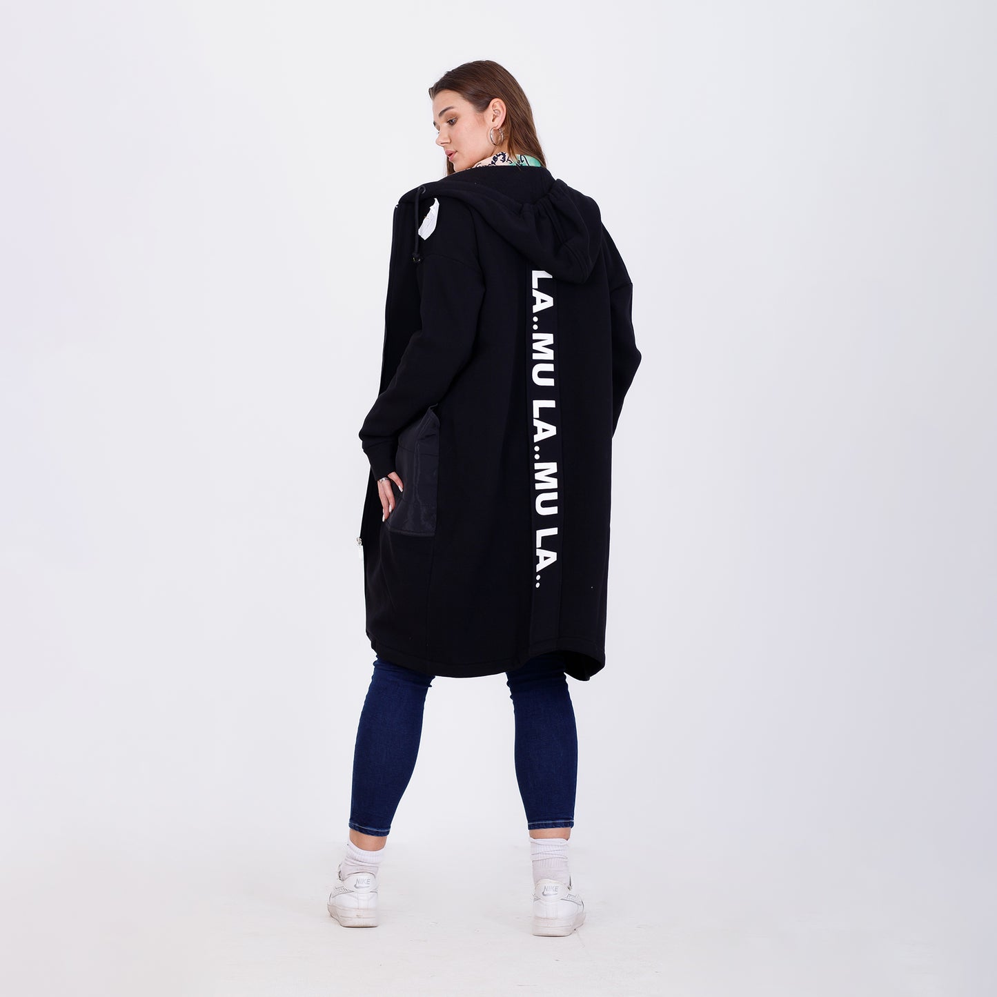 Black Back Printed Hooded Long Jacket