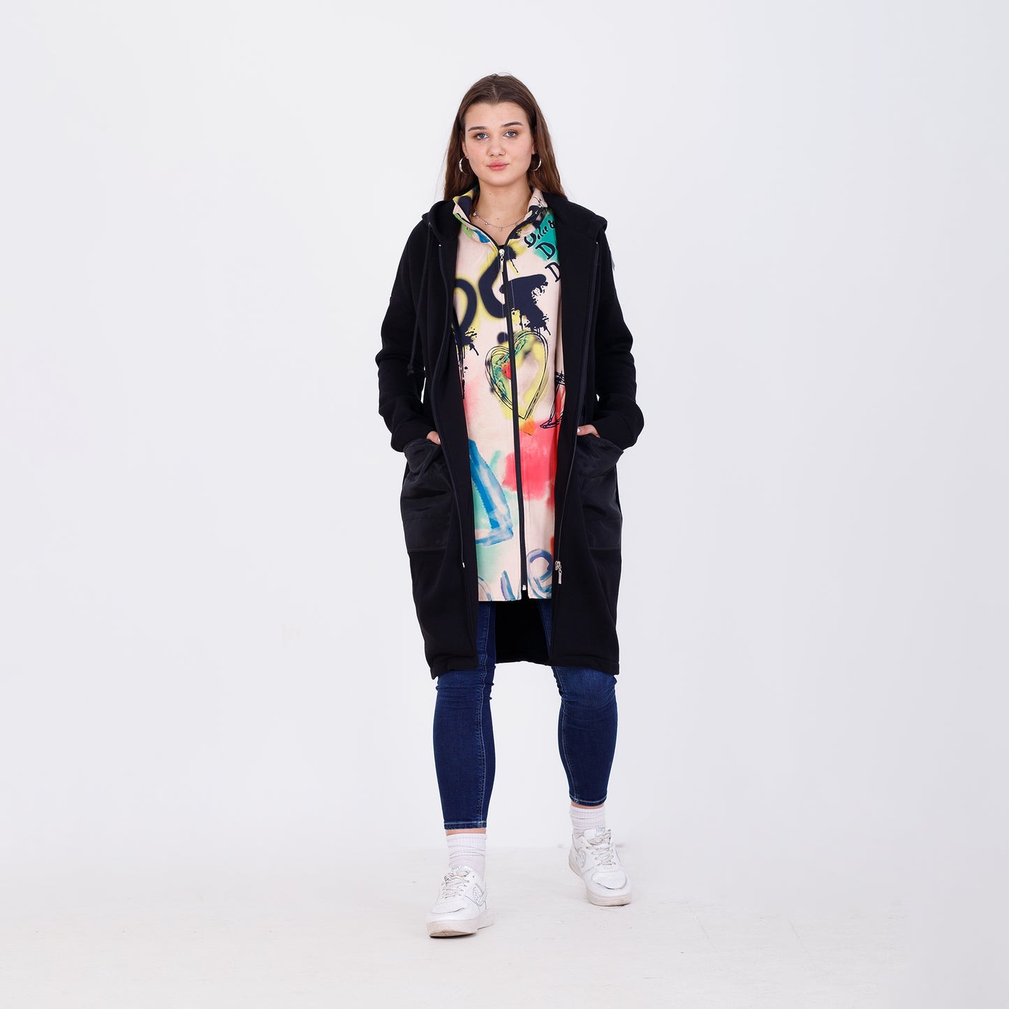 Black Back Printed Hooded Long Jacket