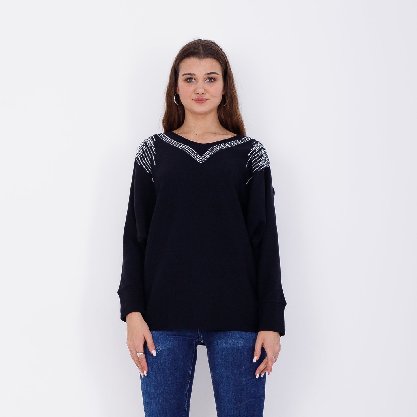 Black Strass Batwing Pullover