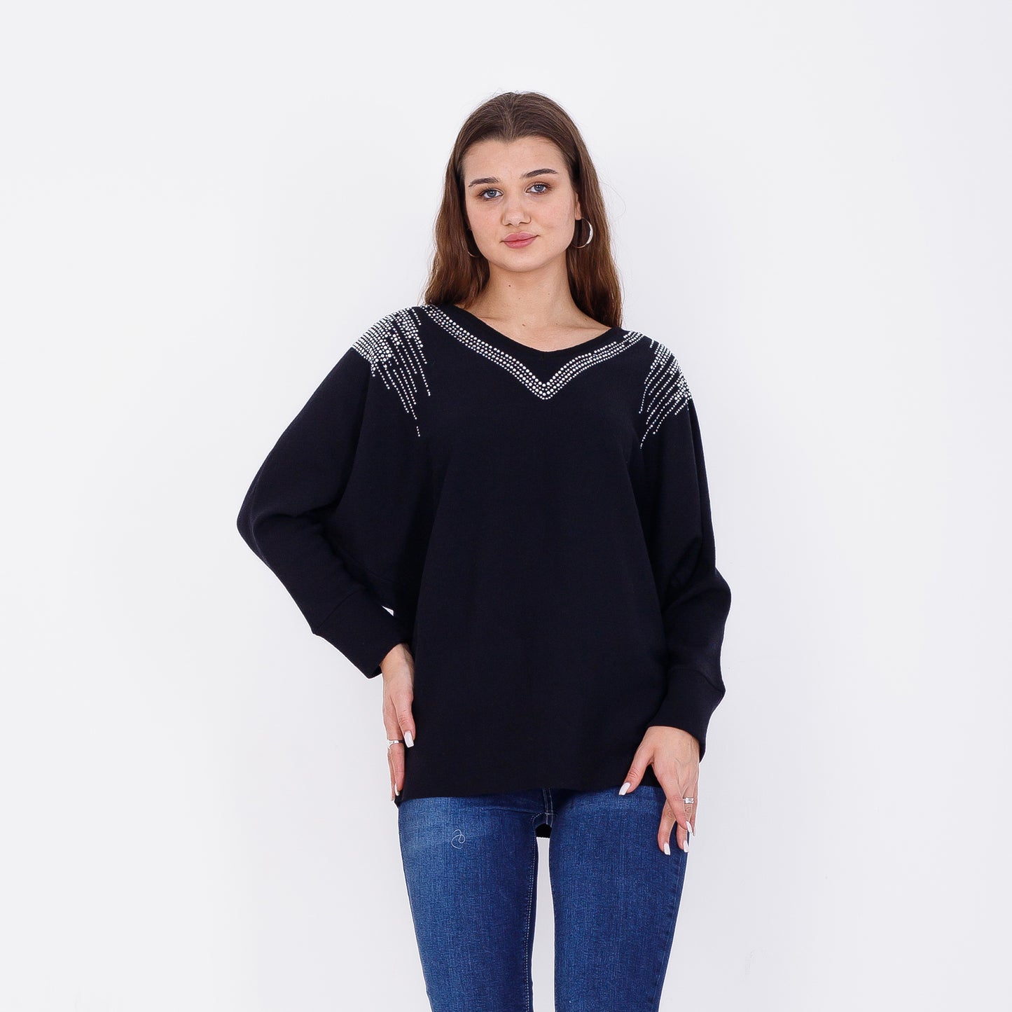 Black Strass Batwing Pullover