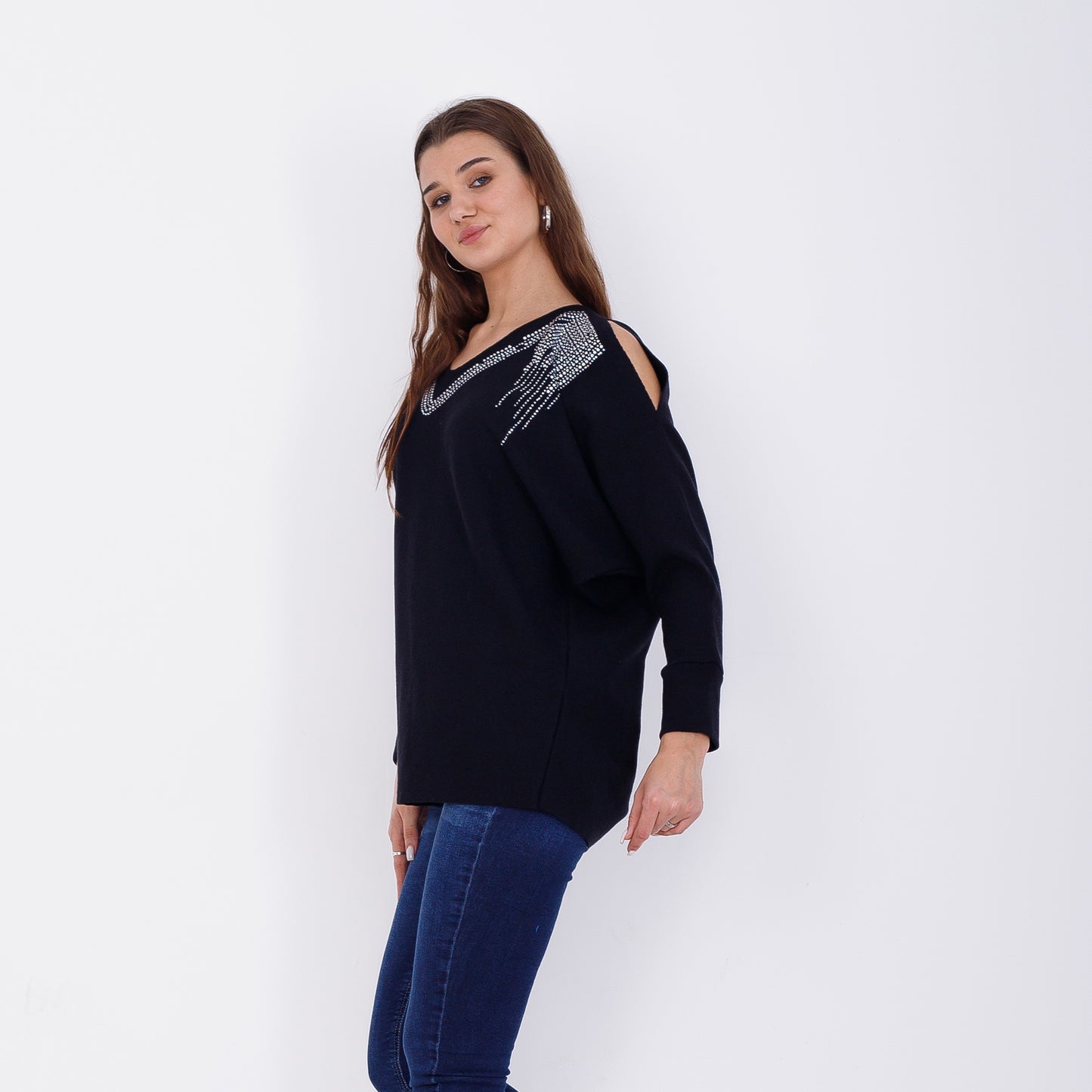 Black Strass Batwing Pullover